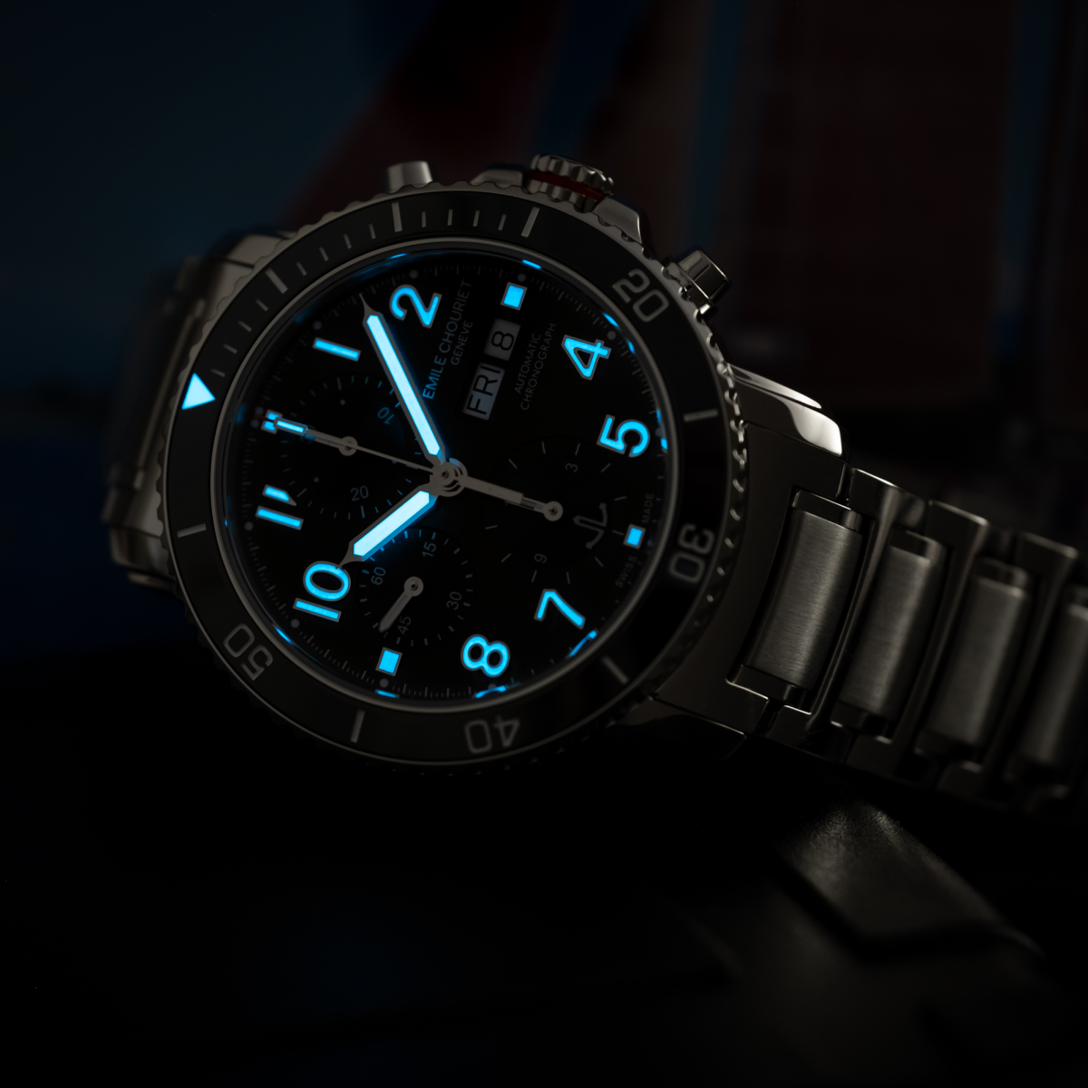 EMILE-CHOURIET Challenger Deep Gent’s Black Dial Stainless Steel Bracelet Automatic Chronograph Sports Watch 22.1169.G.6.AW.59.6