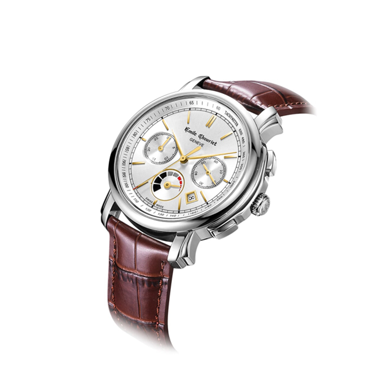 EMILE-CHOURIET Lac Leman Gent’s Silver Dial Brown Leather Strap Automatic Chronograph and Power Reserve Dress Watch 16.1168.G42.6.8.28.2