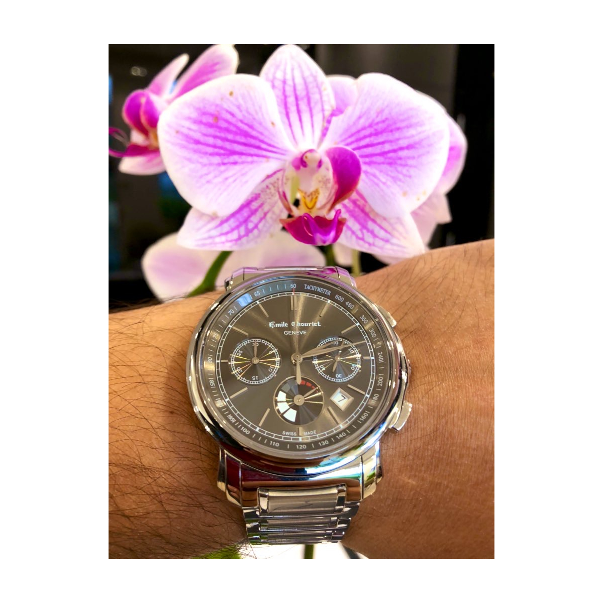 EMILE-CHOURIET Lac Leman Gent’s Dark Grey Dial Stainless Steel Bracelet Automatic Chronograph and Power Reserve Dress Watch 16.1168.G42.6.8.68.6