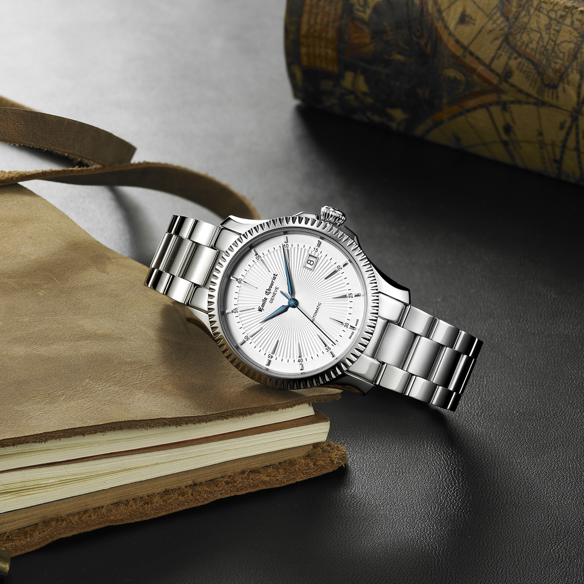 EMILE-CHOURIET Ailes du Temps Gent’s White Dial Stainless Steel Bracelet Automatic Dress Watch 08.1155.G.6.6.28.6