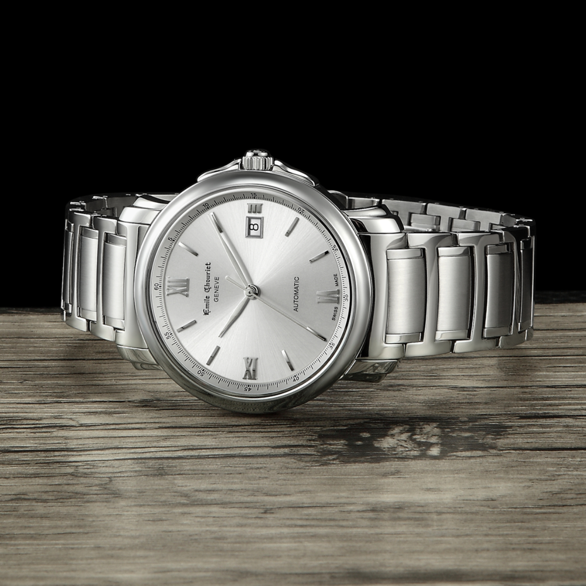 EMILE-CHOURIET Lac Leman Gent’s Silver Dial Stainless Steel Bracelet Automatic Dress Watch 08.1168.G39.6.8.28.6