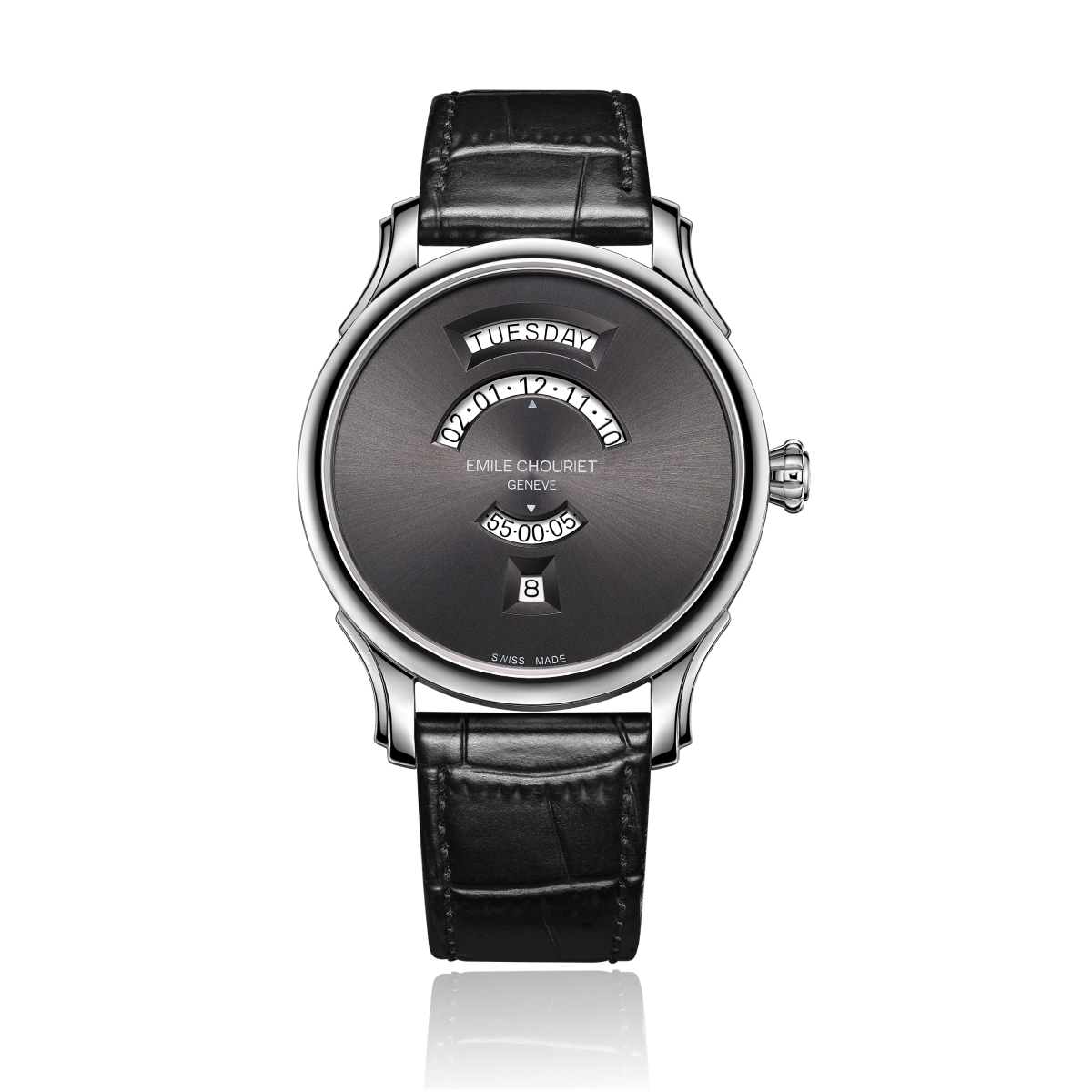 EMILE-CHOURIET Historique Héritier à Guichets Rotating Discs Grey Dial Black Leather Strap Gent’s Automatic Dress Watch 18.1129.G.7.2.63.2