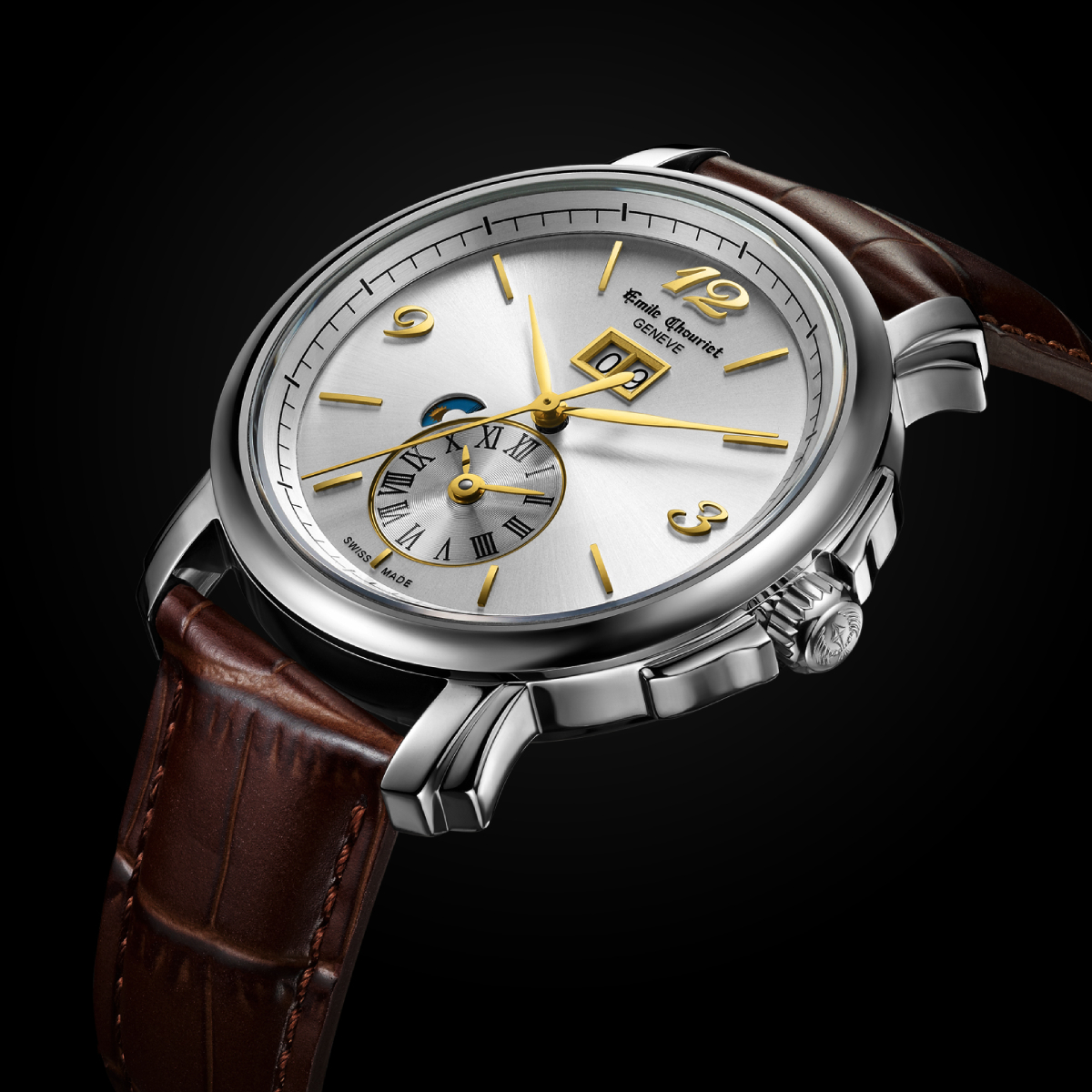 EMILE-CHOURIET Lac Leman Gent’s Silver Dial Brown Leather Strap Automatic Dual-Time Dress Watch 15.1168.G42.6.8.28.2