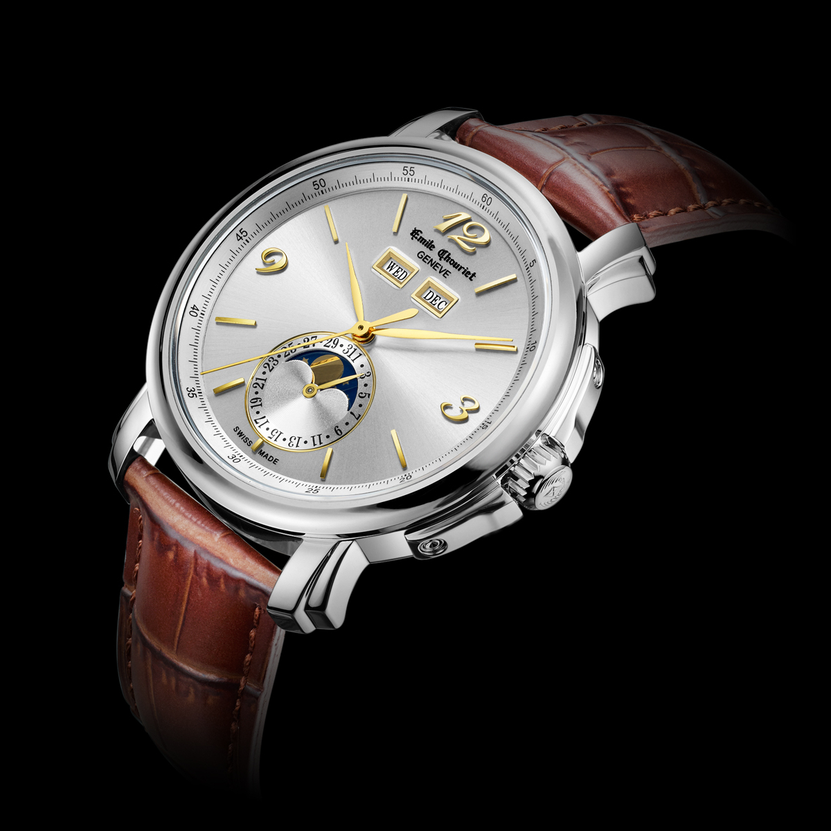 EMILE-CHOURIET Lac Leman Gent’s Silver Dial Brown Leather Strap Automatic Moon Phase Dress Watch 17.1168.G42.6.8.28.2