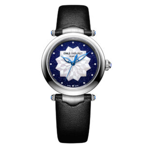 EMILE-CHOURIET Fair Lady Lotus Dream Night Elegant Ladies Aventurine & White Dial Black Leather Strap Automatic Dress Watch 06.2188.L.6.6.08.2