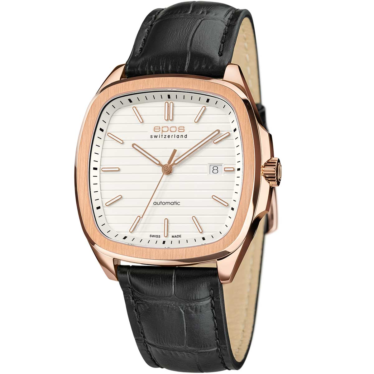 EPOS Gent's White Dial Rose Gold PVD Black Leather Strap Automatic Dress Watch 3511.152.24.10.25