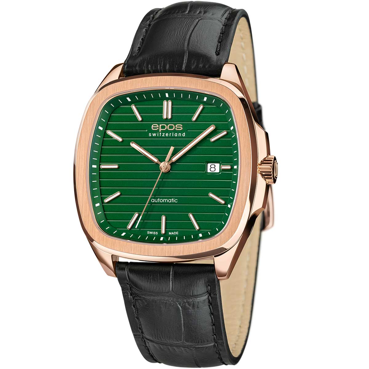 EPOS Gent's Green Dial Rose Gold PVD Black Leather Strap Automatic Dress Watch 3511.152.24.13.25