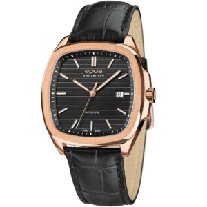 EPOS Gent's Black Dial Rose Gold PVD Black Leather Strap Automatic Dress Watch 3511.152.24.15.25