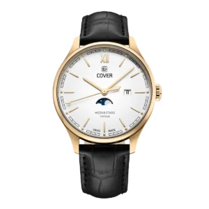 COVER Moon & Stars Gent's Moon Phase White Dial Black Leather Strap Dress Watch CO202.05