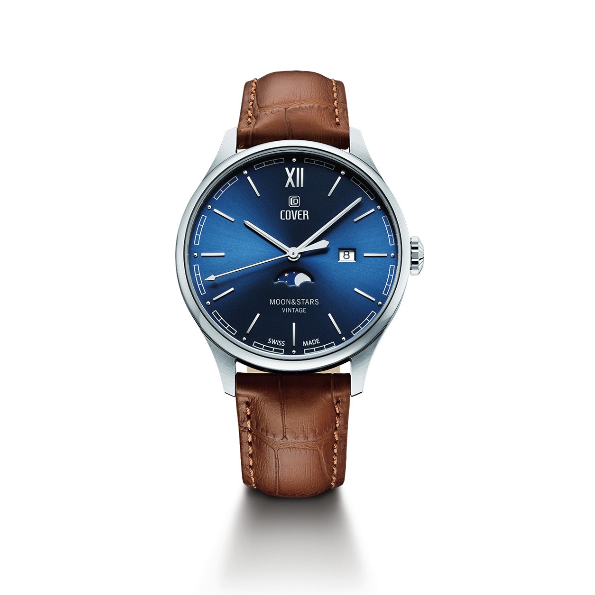 COVER Moon & Stars Gent's Moon Phase Blue Dial Brown Leather Strap Dress Watch CO202.03