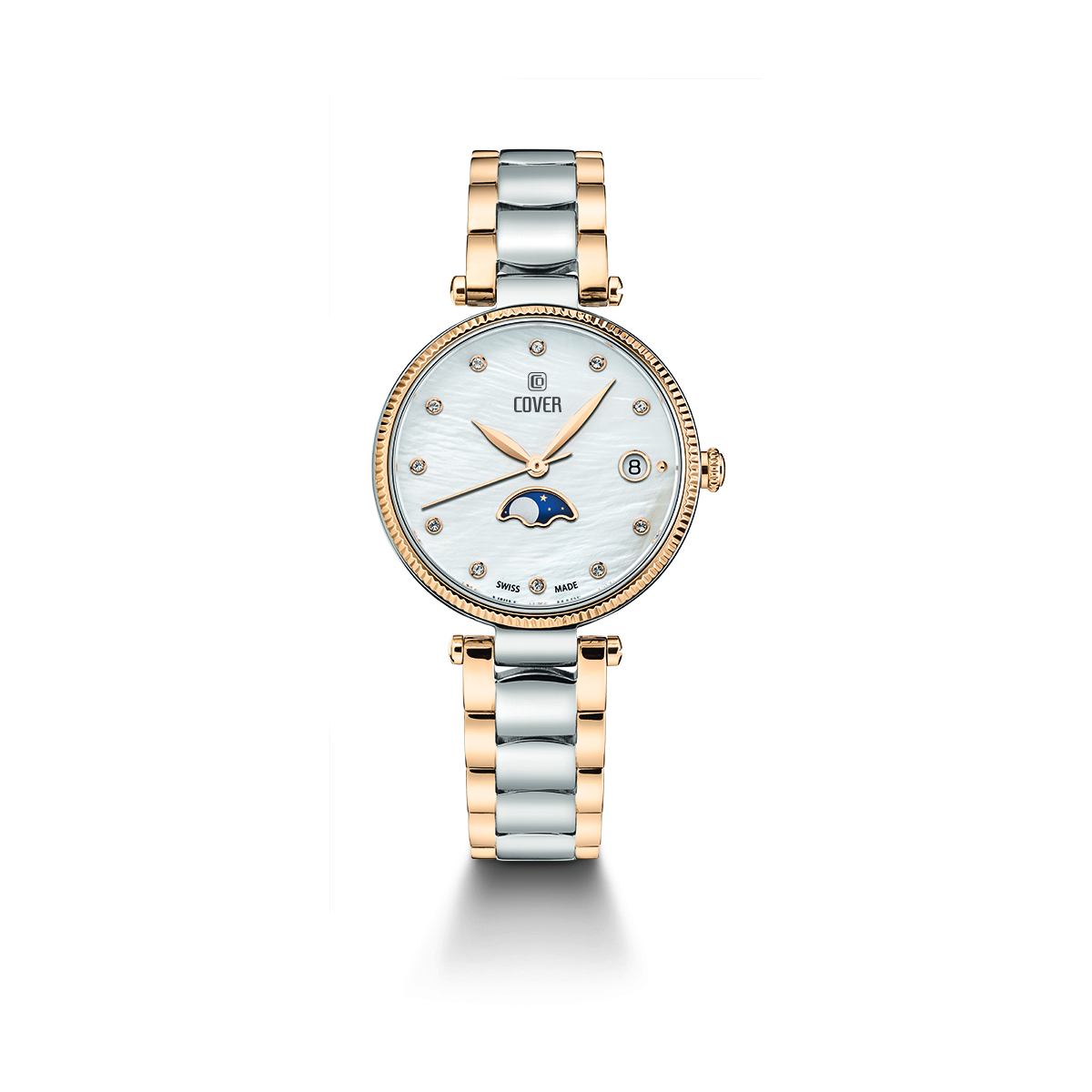 COVER Fly Me To The Moon Ladies Moon Phase White Dial Two Tone Yellow Gold Stainless Steel Bracelet CO196.02
