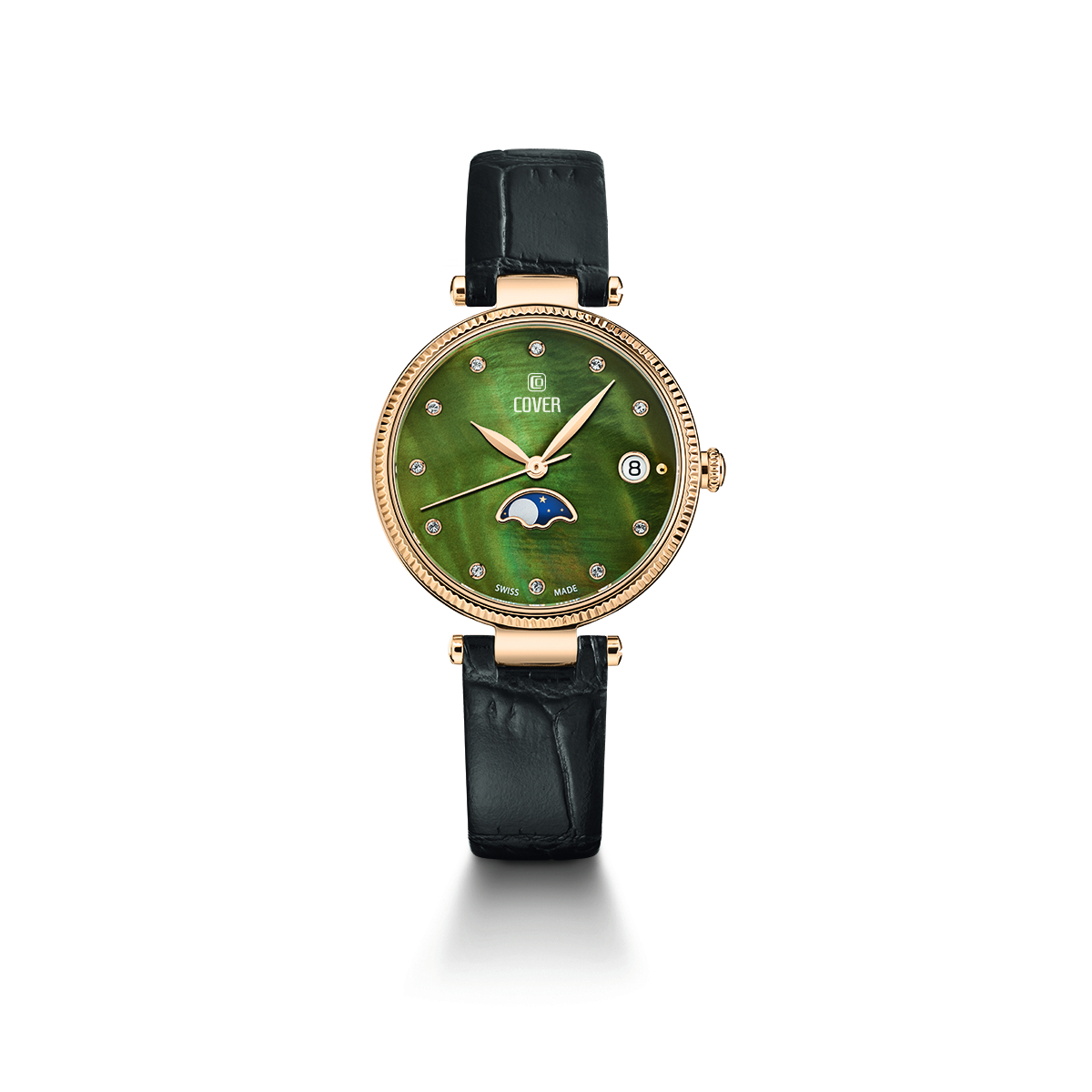 COVER Fly Me To The Moon Ladies Moon Phase Green Dial Black Leather Strap Dress Watch CO196.06
