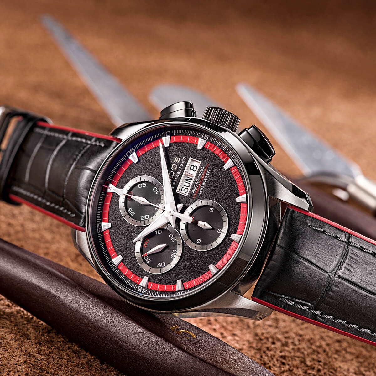EPOS Sportive Gent’s Red & Black Dial Black Leather Strap Day & Date Automatic Chronograph Sports Watch 3433.228.35.15.91