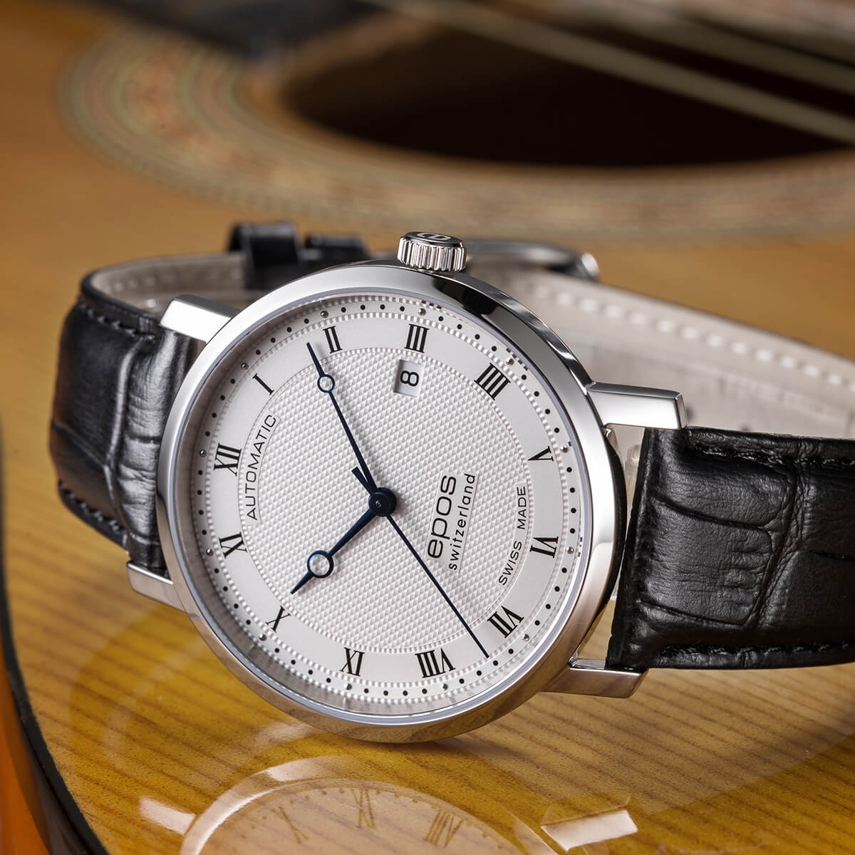EPOS Originale Gent’s White Dial Black Leather Strap Automatic Classic Dress Watch 3387.152.20.28.15
