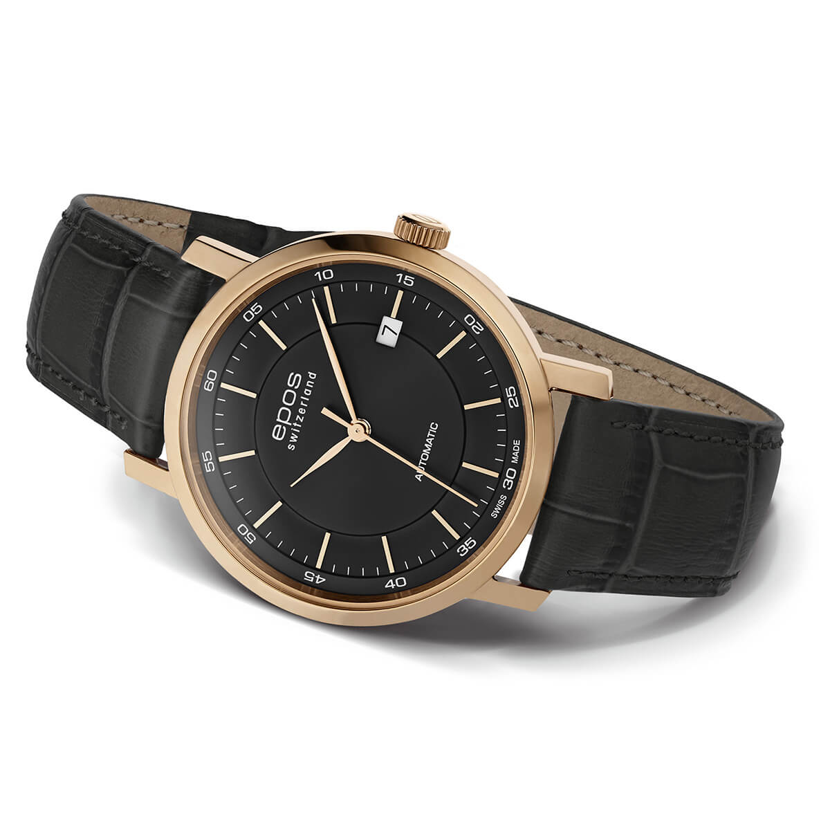 EPOS Originale Gent’s Black Dial Black Leather Strap Automatic Classic Dress Watch 3387.152.24.15.15