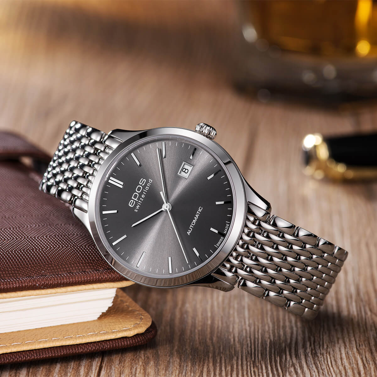 EPOS Originale Gent’s Dark Grey Dial Stainless Steel Slimline Bracelet Automatic Dress Watch 3420.152.20.14.30