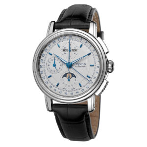 EPOS Emotion Gent's White Dial Black Leather Strap Automatic Chronograph Moon Phase Complication Watch 3393.238.20.10.25