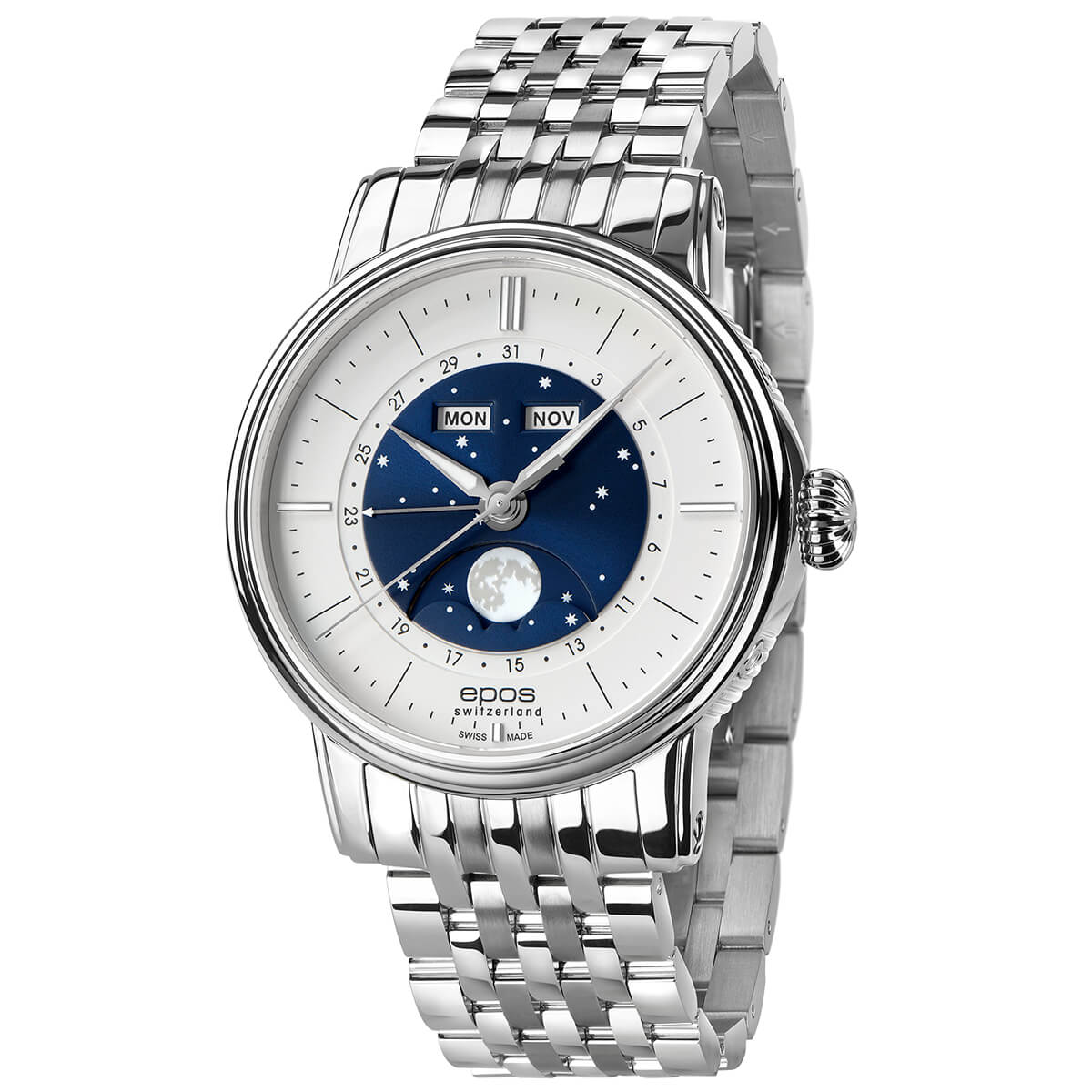 EPOS Big Moon Gent's White & Blue Dial Stainless Steel Bracelet Automatic Moon Phase Dress Watch 3439.322.20.18.30
