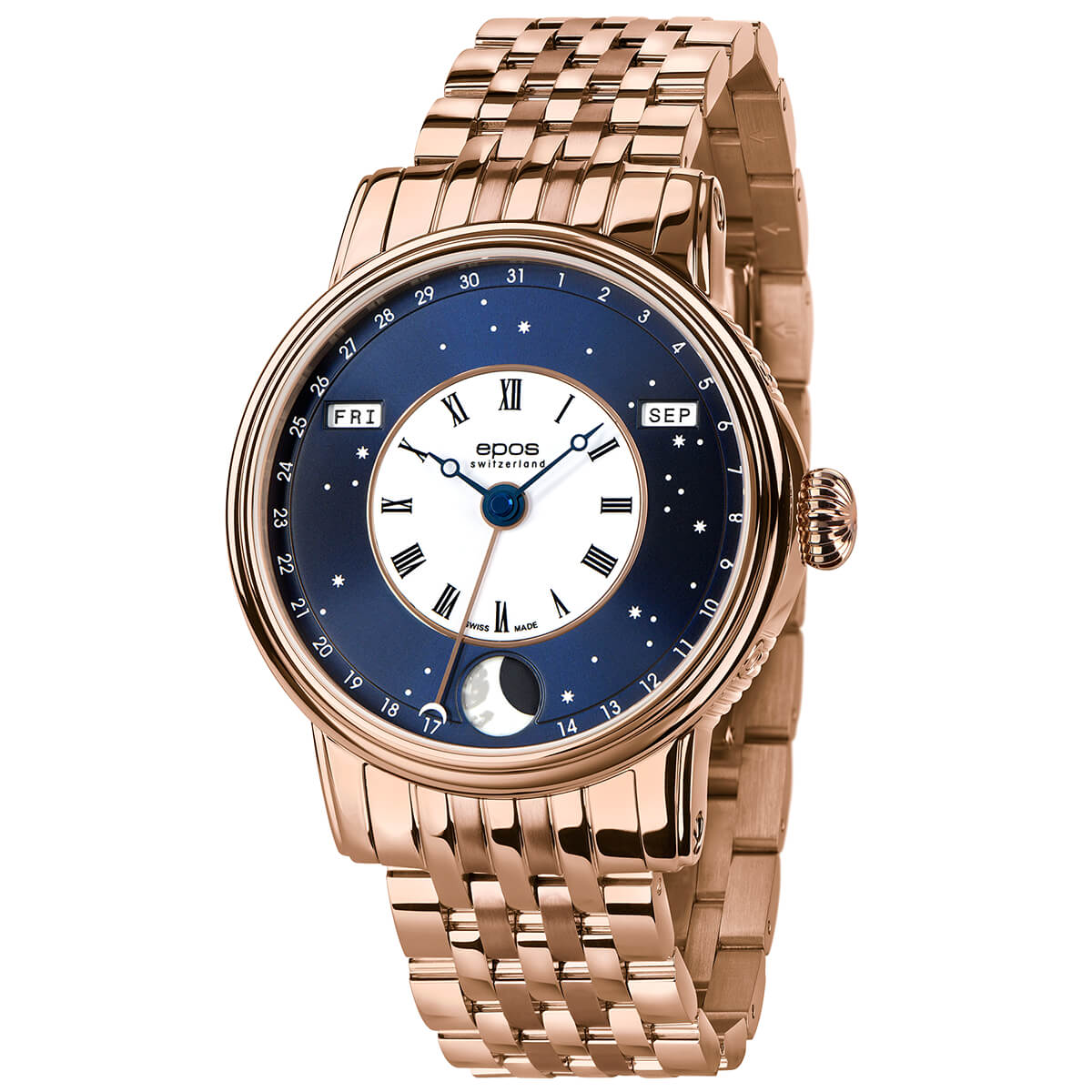 EPOS Big Moon Gent's Blue & White Dial Rose Gold Stainless Steel Bracelet Automatic Moon Phase Dress Watch 3439.322.24.26.34