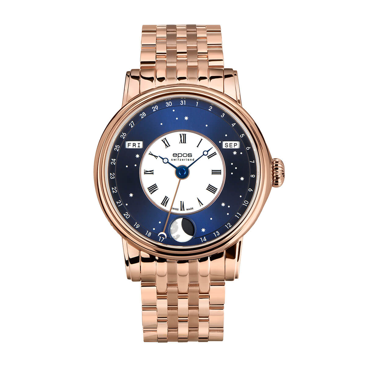 EPOS Big Moon Gent’s Blue & White Dial Rose Gold Stainless Steel Bracelet Automatic Moon Phase Dress Watch 3439.322.24.26.34