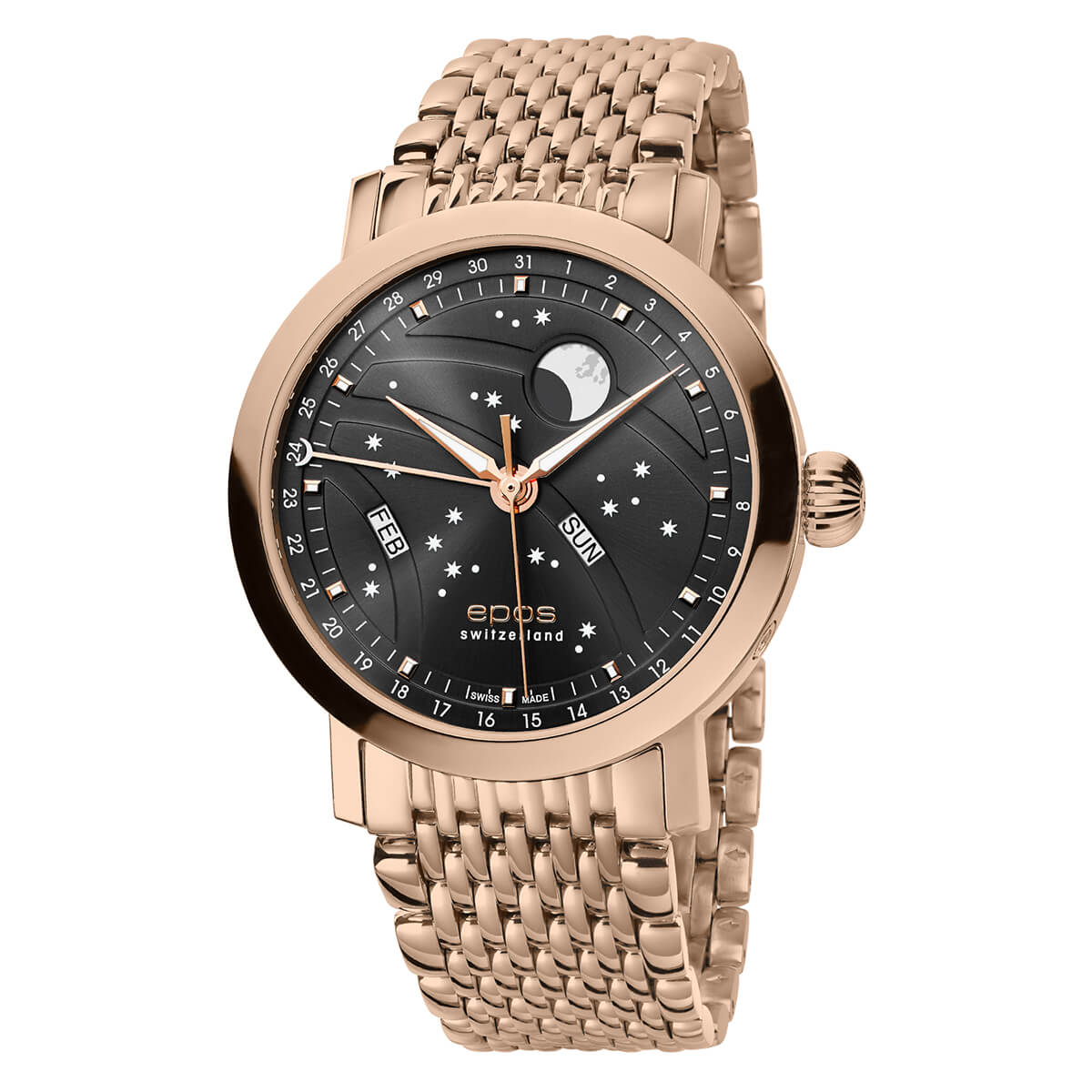 EPOS Gent's Dark Grey Dial Rose Gold Stainless Steel Bracelet Automatic Moonphase Dress Watch 3440.322.24.14.34