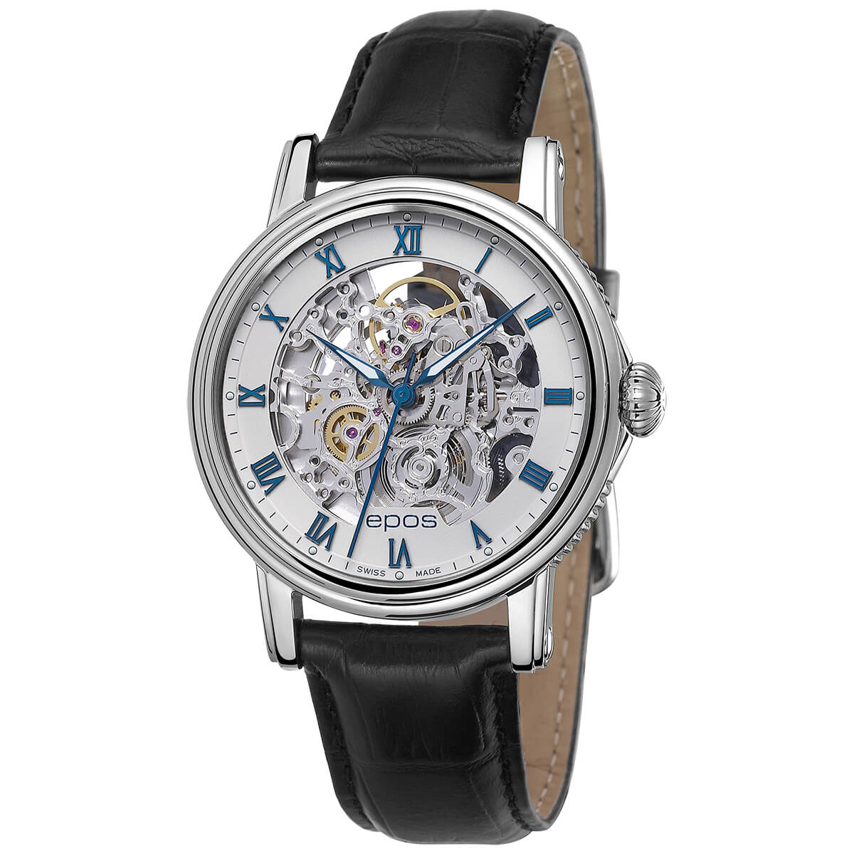 EPOS Emotion Gents White Dial Black Leather Strap Automatic Skeleton Dress Watch 3390.155.20.20.25