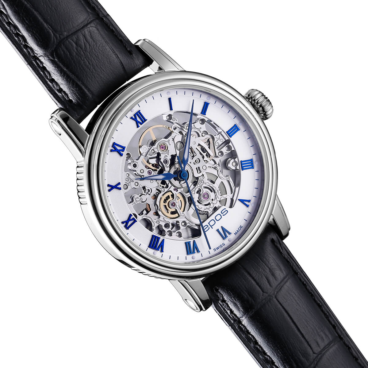 EPOS Emotion Gents White Dial Black Leather Strap Automatic Skeleton Dress Watch 3390.155.20.20.25