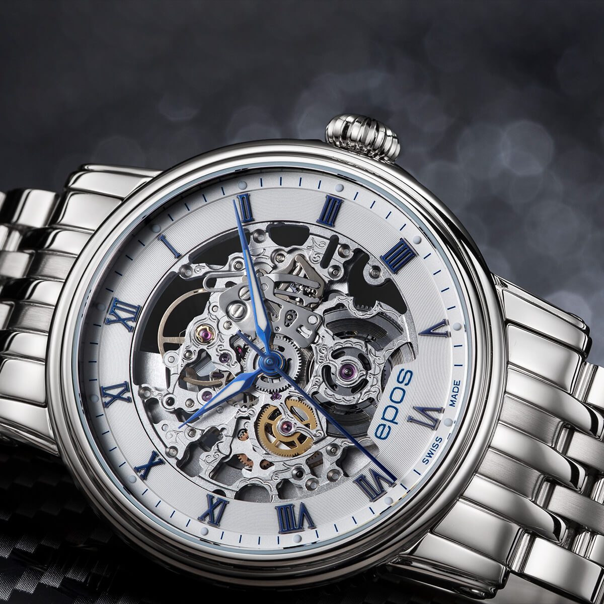 EPOS Emotion Gents White Dial Stainless Steel Bracelet Automatic Skeleton Dress Watch 3390.155.20.20.30