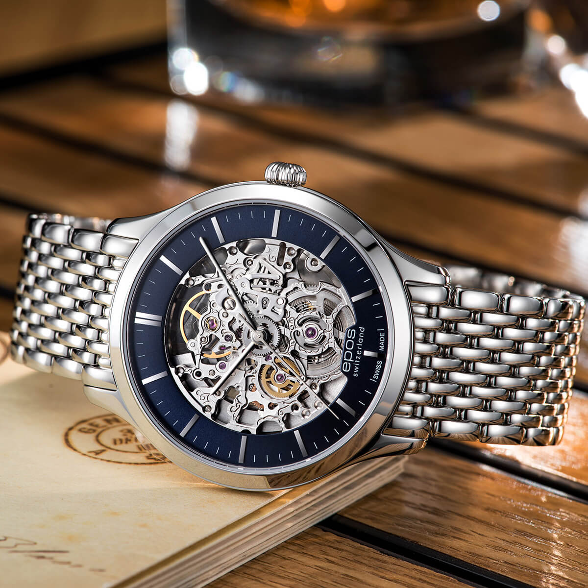 EPOS Originale Gent’s Blue Dial Stainless Steel Slimline Bracelet Automatic Skeleton Dress Watch 3420.155.20.16.30