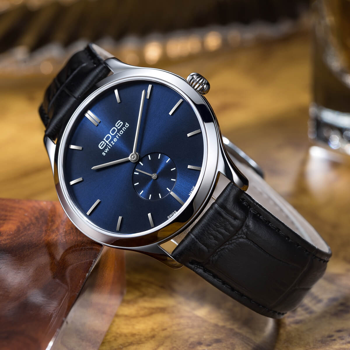 EPOS Originale Gents Blue Dial Black Leather Strap Mechanical Hand Wound Ultra Thin Dress Watch 3408.208.20.16.15