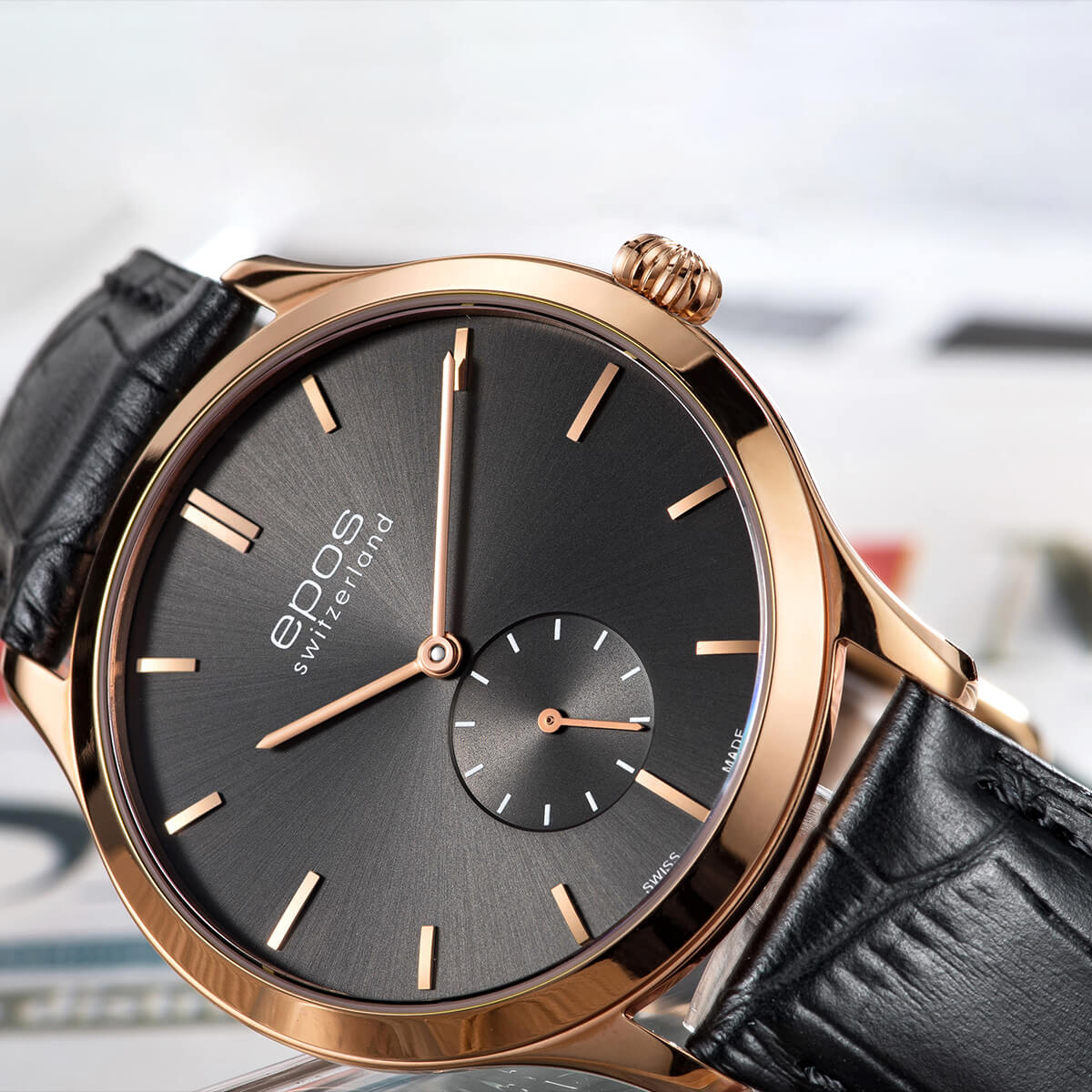EPOS Originale Gents Dark Grey Dial Black Leather Strap Mechanical Hand Wound Ultra Thin Dress Watch 3408.208.24.14.15