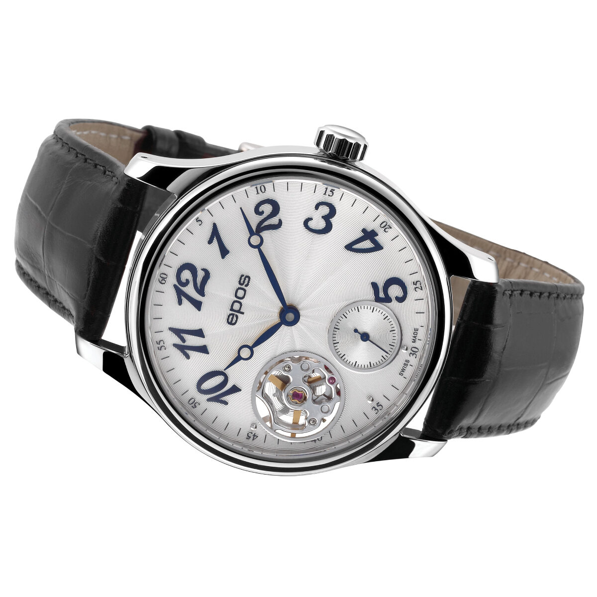 EPOS Passion Gent’s White Dial Black Leather Strap Open Heart Mechanical Hand Wound Dress Watch 3369.193.20.38.25