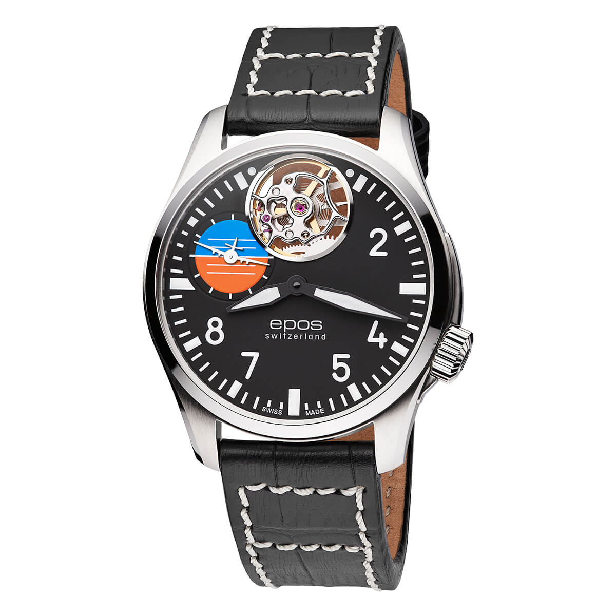 EPOS Sportive Gent's Black Dial Black Leather Strap Open Heart Mechanical Hand Wound Pilot Watch 3434.183.20.35.24
