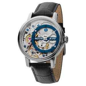 EPOS Oeuvre d'Art Gent's Verso Limited Edition Blue Dial Black Leather Strap Mechanical Hand Wound Skeleton Dress Watch 3435.313.20.16.25