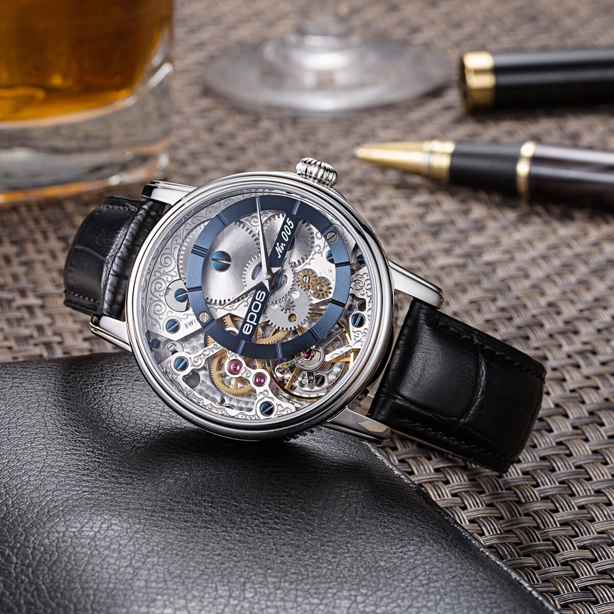 EPOS Oeuvre d’Art Gent’s Verso Limited Edition Blue Dial Black Leather Strap Mechanical Hand Wound Skeleton Dress Watch 3435.313.20.16.25