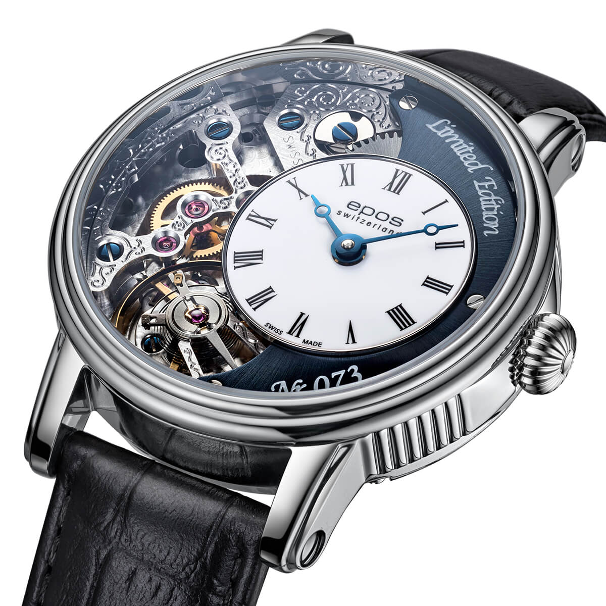 EPOS Oeuvre d’Art Gent’s Verso II Limited Edition Blue Dial Black Leather Strap Mechanical Hand Wound Skeleton Dress Watch 3435.313.20.26.25