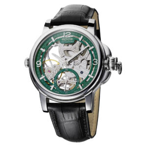 EPOS Oeuvre d'Art Gent's Skeleton Limited Edition Silver & Green Dial Black Leather Strap Table Clock Pocket Watch Wrist Watch 3429.195.20.53.25