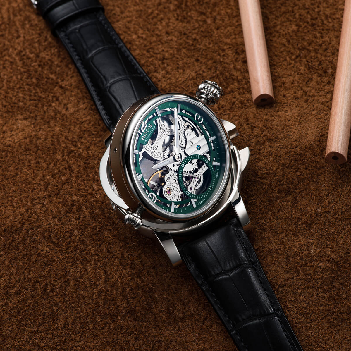 EPOS Oeuvre d’Art Gent’s Skeleton Limited Edition Silver & Green Dial Black Leather Strap Table Clock Pocket Watch Wrist Watch 3429.195.20.53.25