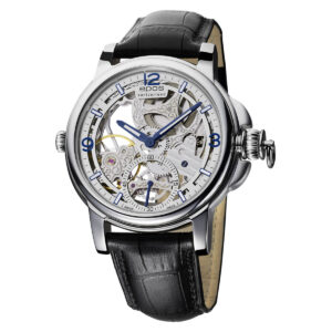 EPOS Oeuvre d'Art Gent's Skeleton Limited Edition Silver & Blue Dial Black Leather Strap Table Clock Pocket Watch Wrist Watch 3429.195.20.58.25