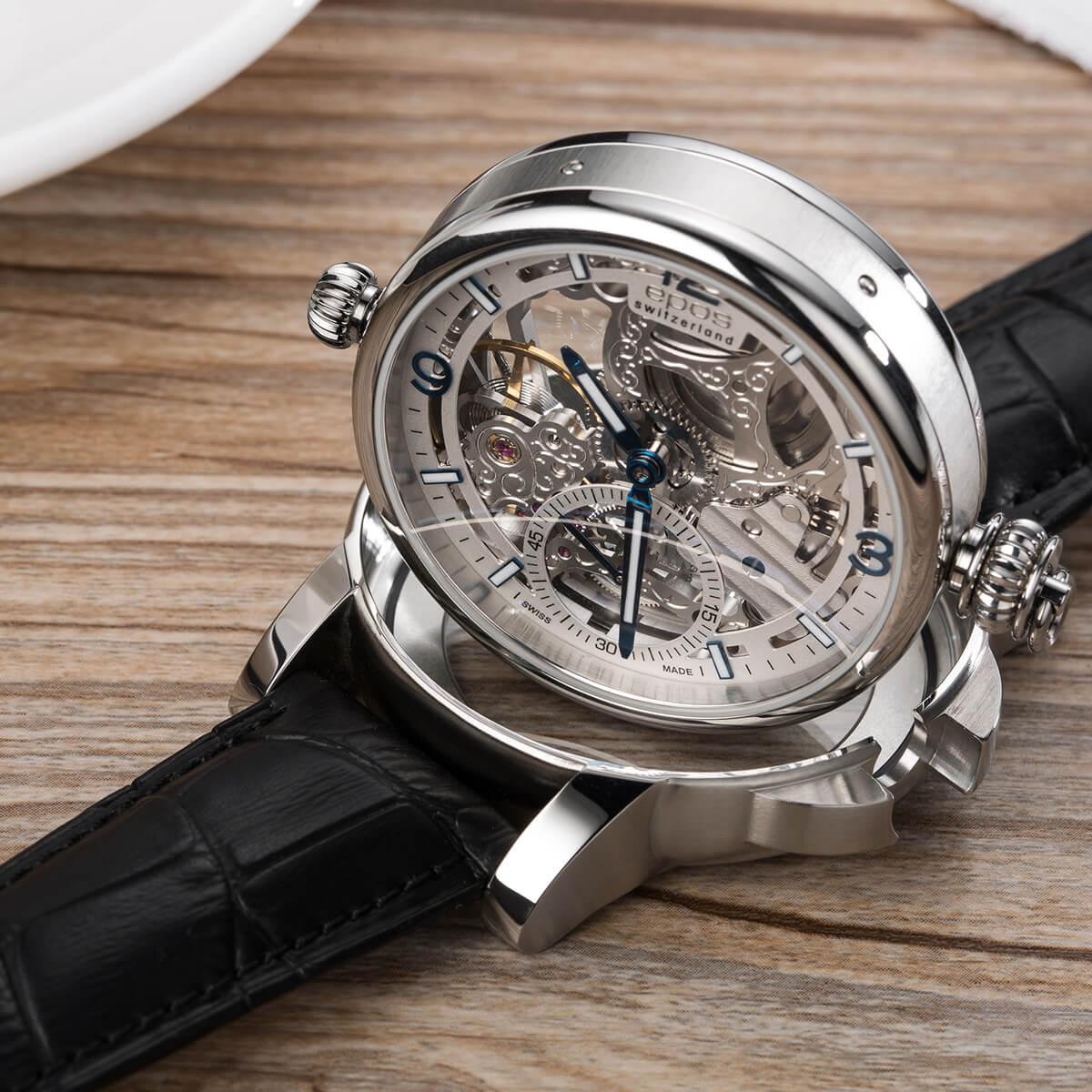 EPOS Oeuvre d’Art Gent’s Skeleton Limited Edition Silver & Blue Dial Black Leather Strap Table Clock Pocket Watch Wrist Watch 3429.195.20.58.25