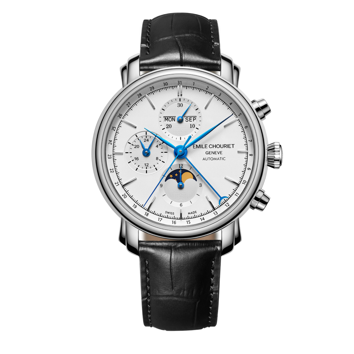 EMILE-CHOURIET Lac Leman Gent's White Dial Black Leather Strap Automatic Moon Phase Chronograph Sports Watch 23.1168.G42.6.6.28.2