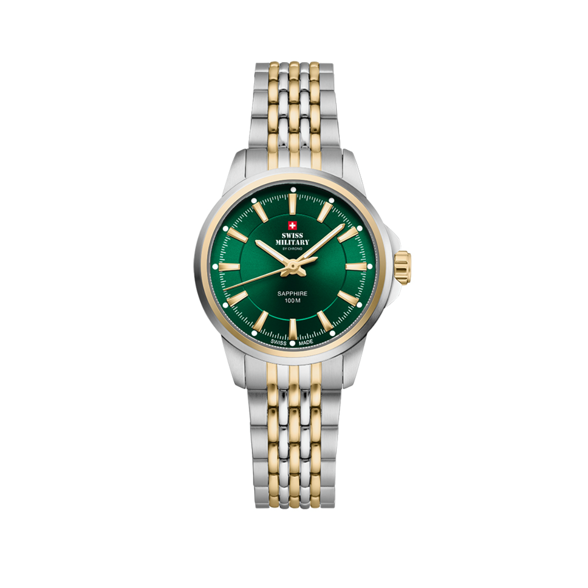 SWISS MILITARY Ladies Green Dial 2-Tone Steel & Gold Bracelet Classic Dress Watch SM34105.06