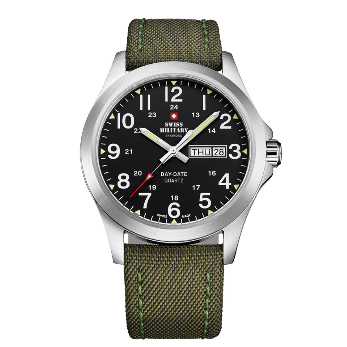 SWISS MILITARY Black Dial Green Canvas Strap Day & Date Gent's Military Style Field Watch SMP36040.05