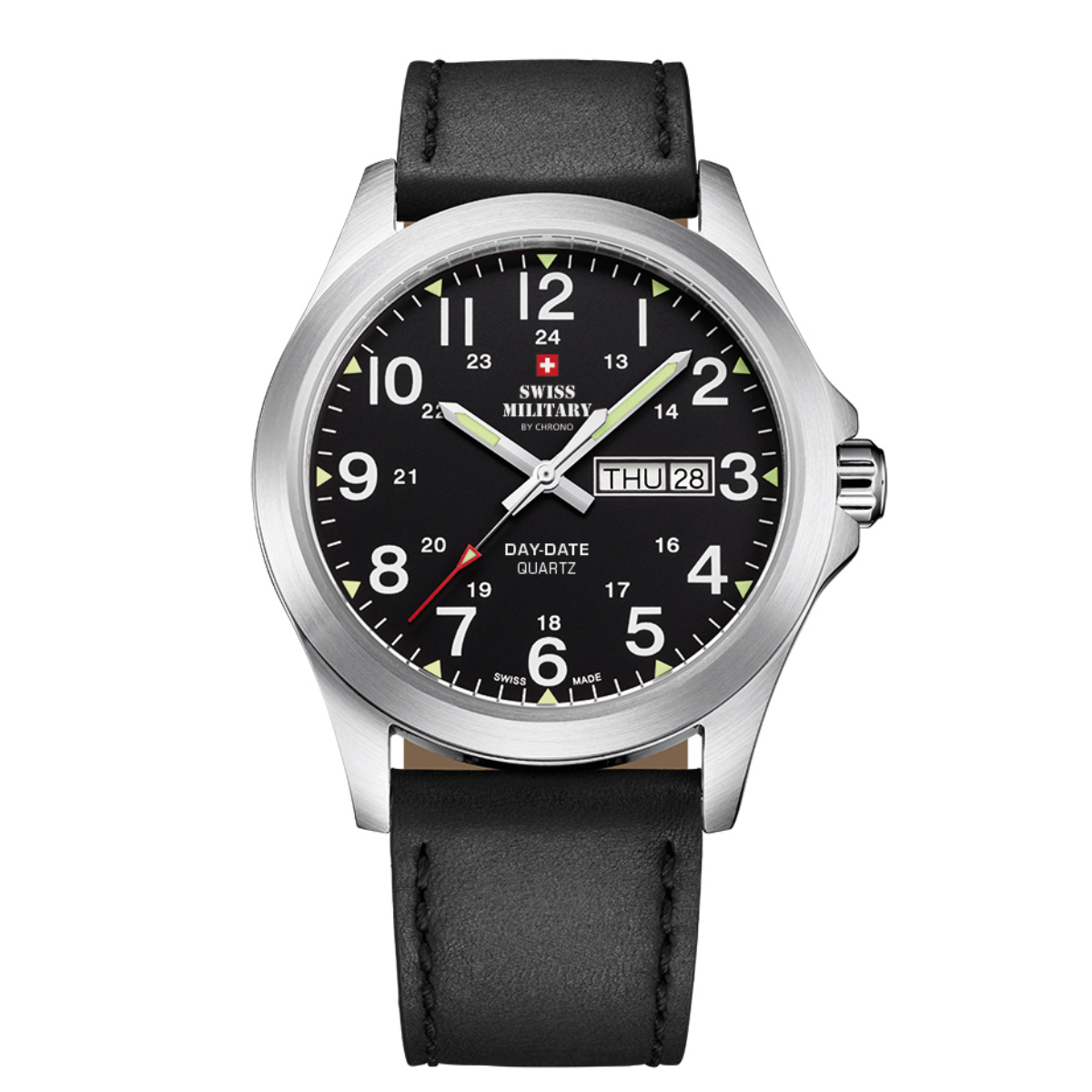 SWISS MILITARY Black Dial Black Leather Strap Day & Date Gent's Military Style Field Watch SMP36040.15
