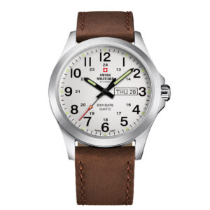 SWISS MILITARY White Dial Brown Leather Strap Day & Date Gent's Military Style Field Watch SMP36040.16