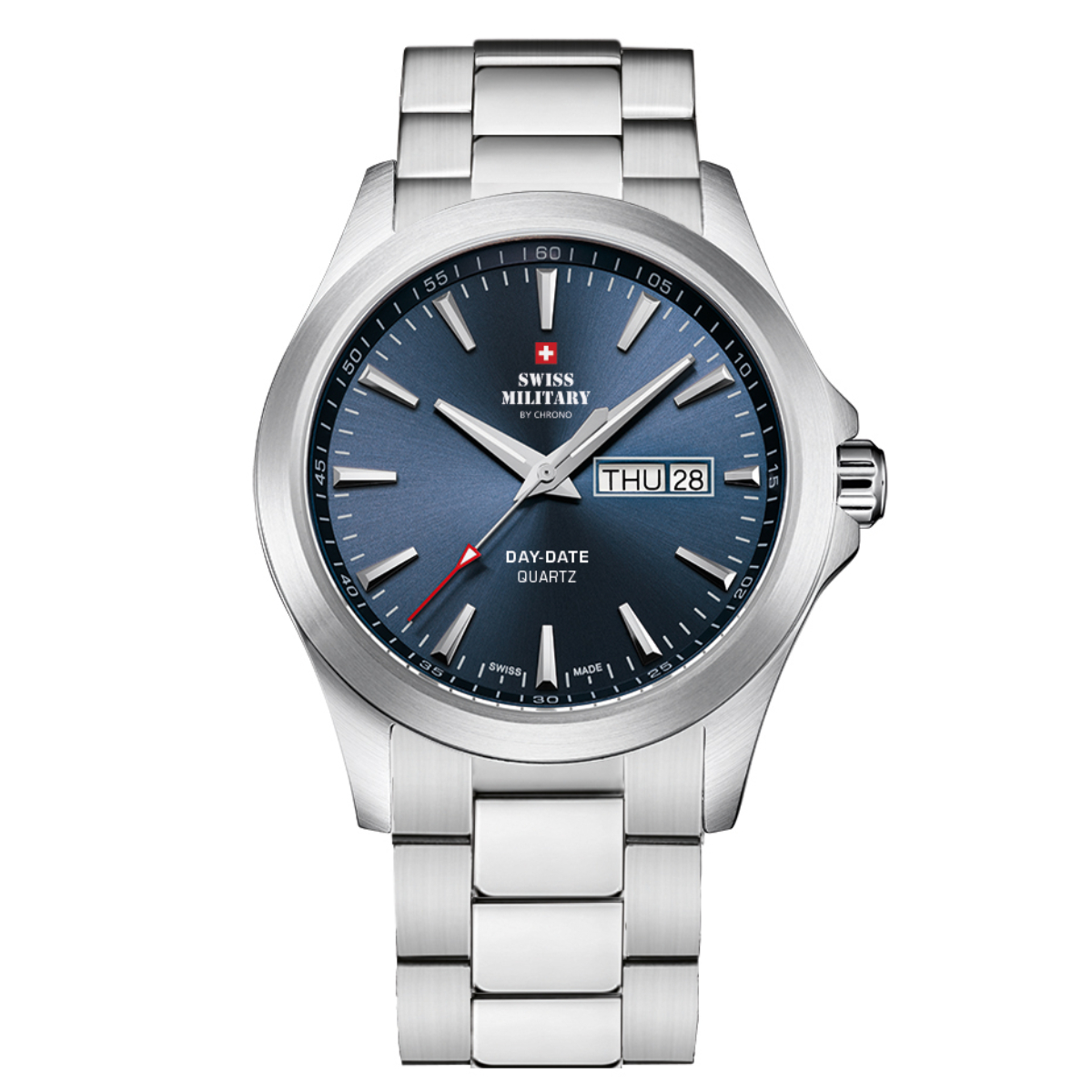 SWISS MILITARY Blue Dial Stainless Steel Bracelet Day & Date Gent's Military Style Field Watch SMP36040.24