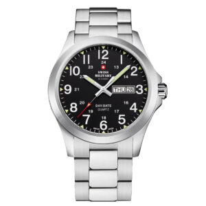 SWISS MILITARY Black Dial Black Stainless Steel Bracelet Day & Date Gent's Military Style Field Watch SMP36040.25