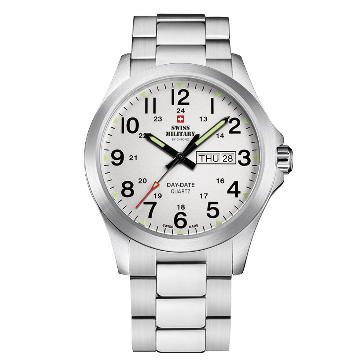 SWISS MILITARY White Dial Black Stainless Steel Bracelet Day & Date Gent's Military Style Field Watch SMP36040.26
