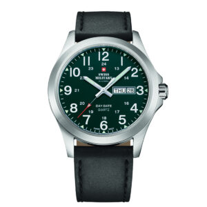 SWISS MILITARY Green Dial Brown Leather Strap Day & Date Gent's Military Style Field Watch SMP36040.30