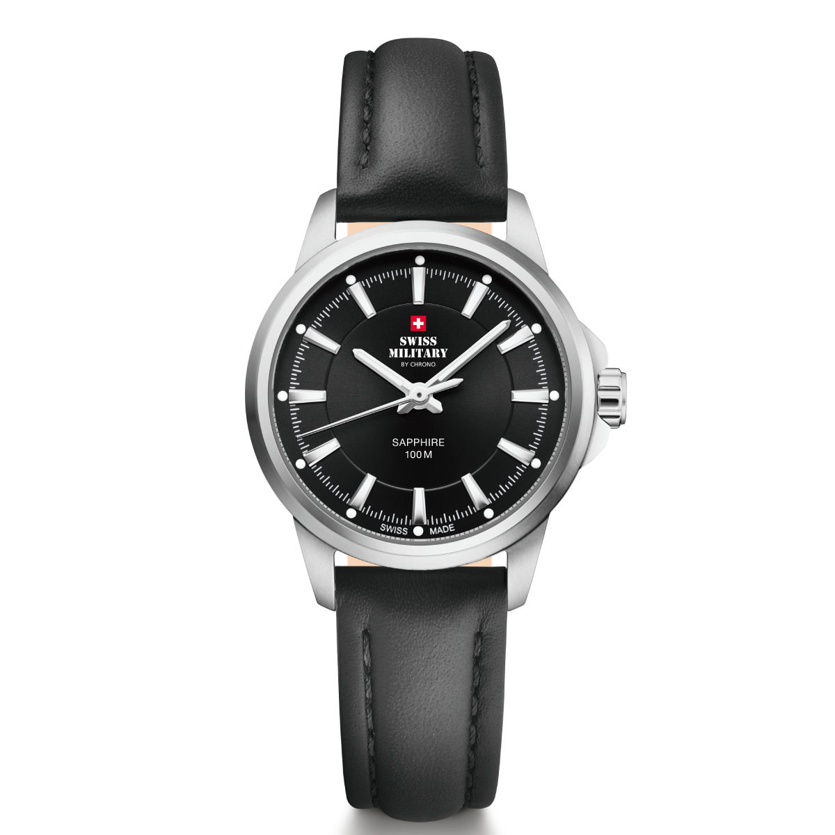 SWISS MILITARY Ladies Black Dial Black Leather Strap Classic Dress Watch SM34105.08